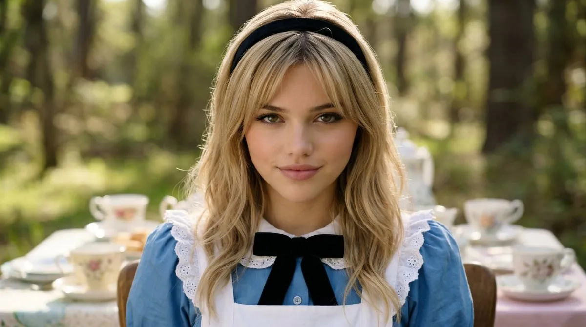 Пример промта для кинематографичного крупного портрета Alice на лесном чаепитии. · пример 2