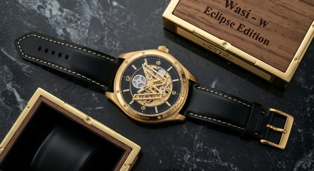 Часы WASI W Eclipse Edition лежат на чёрном мраморе; ажурная буква W открывает вид на механические шестерёнки. · пример 2