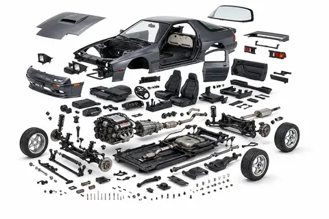 Техническая визуализация автомобиля Mazda RX-7 FC3S с разнесёнными компонентами на белом фоне.