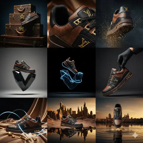 JSON-промпт для редакционной сетки 3x3 с кроссовками Louis Vuitton.