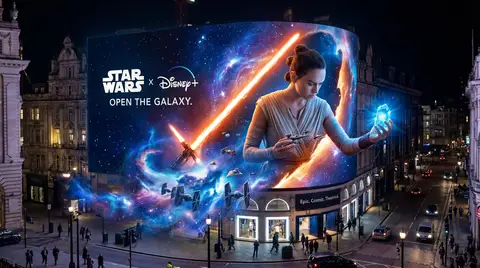 Световой меч открывает билборд, из которого вылетают звёзды и корабли Star Wars.