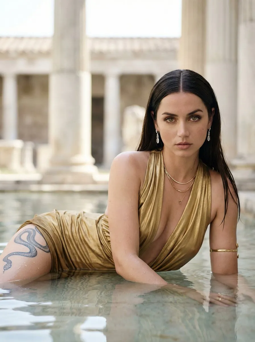 Ana de Armas в золотистом платье лежит в мелкой воде среди светлых каменных колонн римских терм. · пример 2