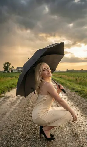 Пример портрета Sabrina Carpenter с чёрным зонтом на мокрой сельской дороге.