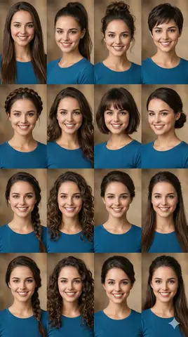 Пример фотоколлажа с одним лицом и разными причёсками.