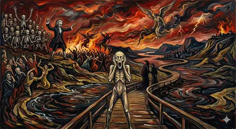 Краткий промпт о Dies Irae Моцарта в стиле картины Эдварда Мунка «Крик».