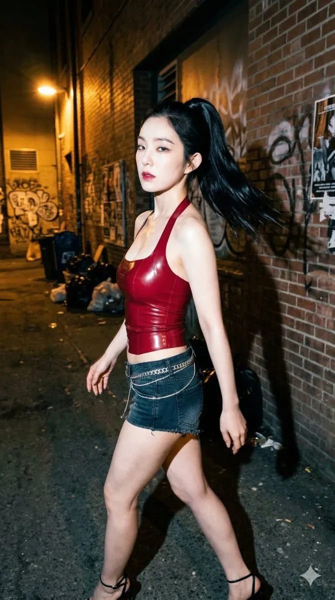 Пример промта для ночного кадра Irene из Red Velvet: она идёт по переулку у клуба и оборачивается через плечо. · пример 2