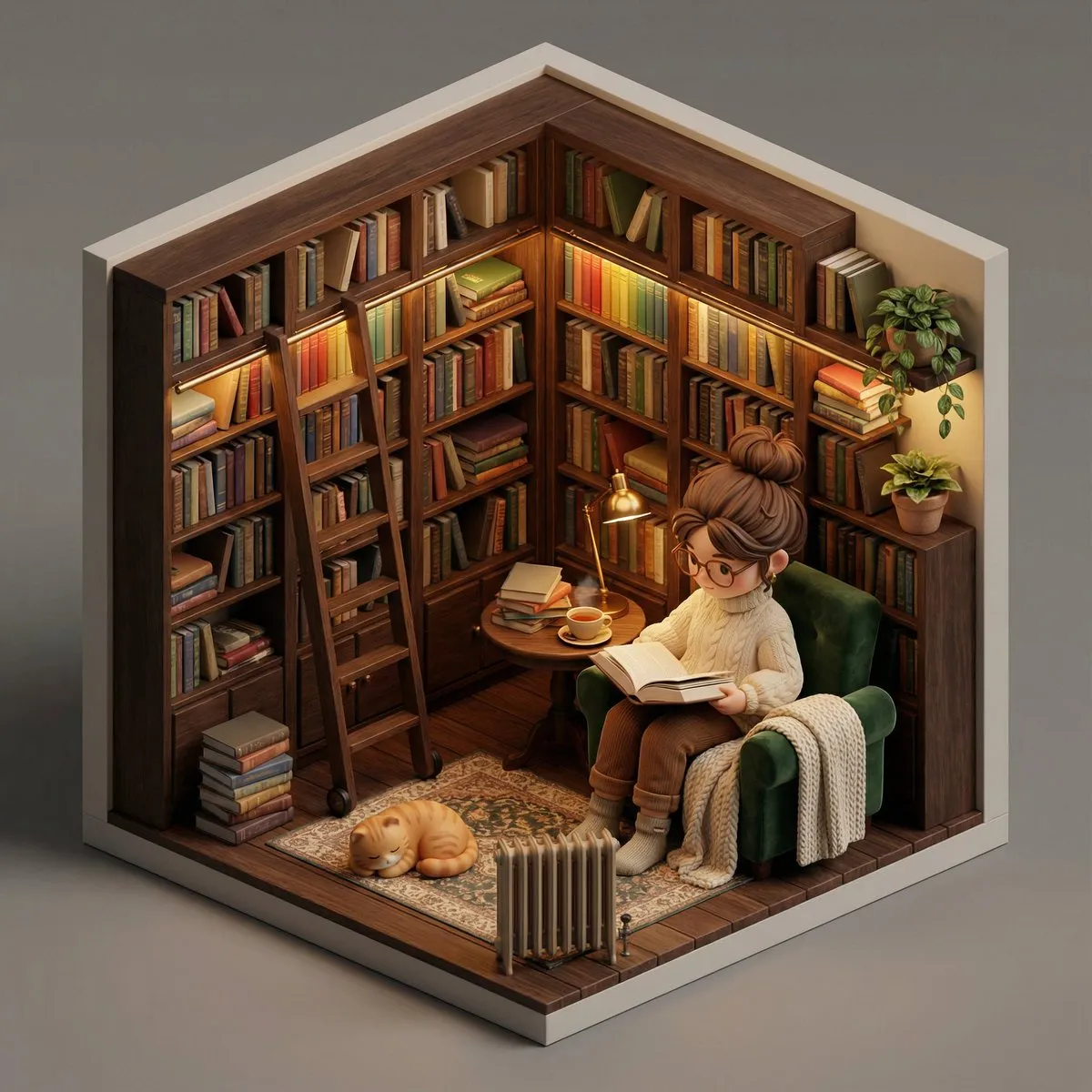 Изометрическая 3D-комната в форме куба с миниатюрным персонажем и детализированным интерьером. · пример 4