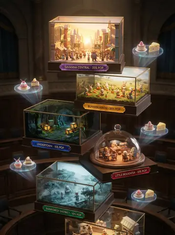 Промпт описывает семь миниатюрных сцен Zootopia с животными, городскими улицами, туннелями и кафе.