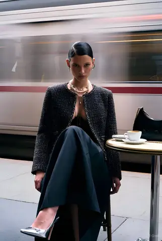 Пример из источника для модной сцены с сумкой Gucci на платформе метро.