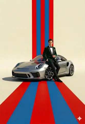 Пример промпта для студийного портрета мужчины рядом с Porsche 911 GT3.