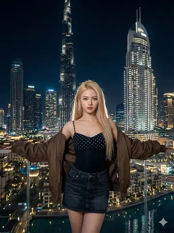 Пример к промпту для модного портрета с видом на Burj Khalifa.