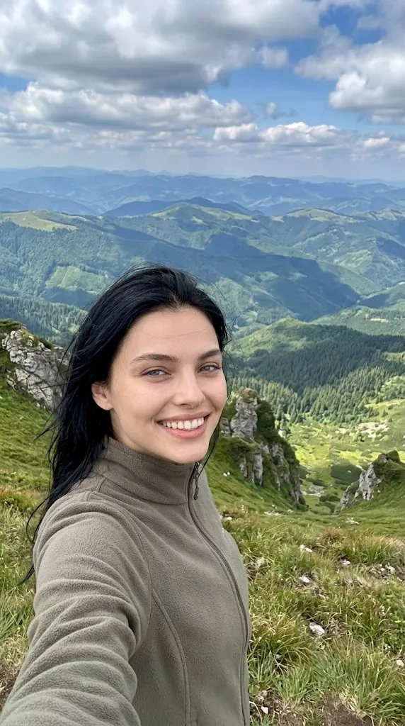 Пример селфи на большой высоте с зелёными горными хребтами и атмосферной дымкой. · пример 1