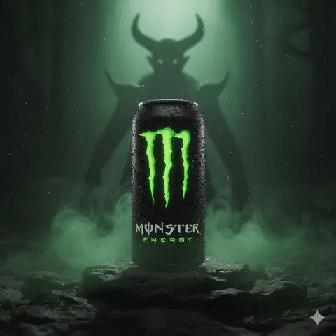 Пример промта для тёмной фэнтезийной рекламы банки Monster Energy.