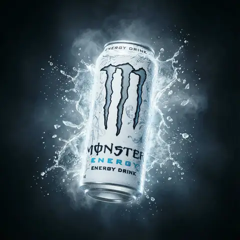 Банка White Monster Ultra Energy Drink зависла в воздухе среди всплеска льда и пара