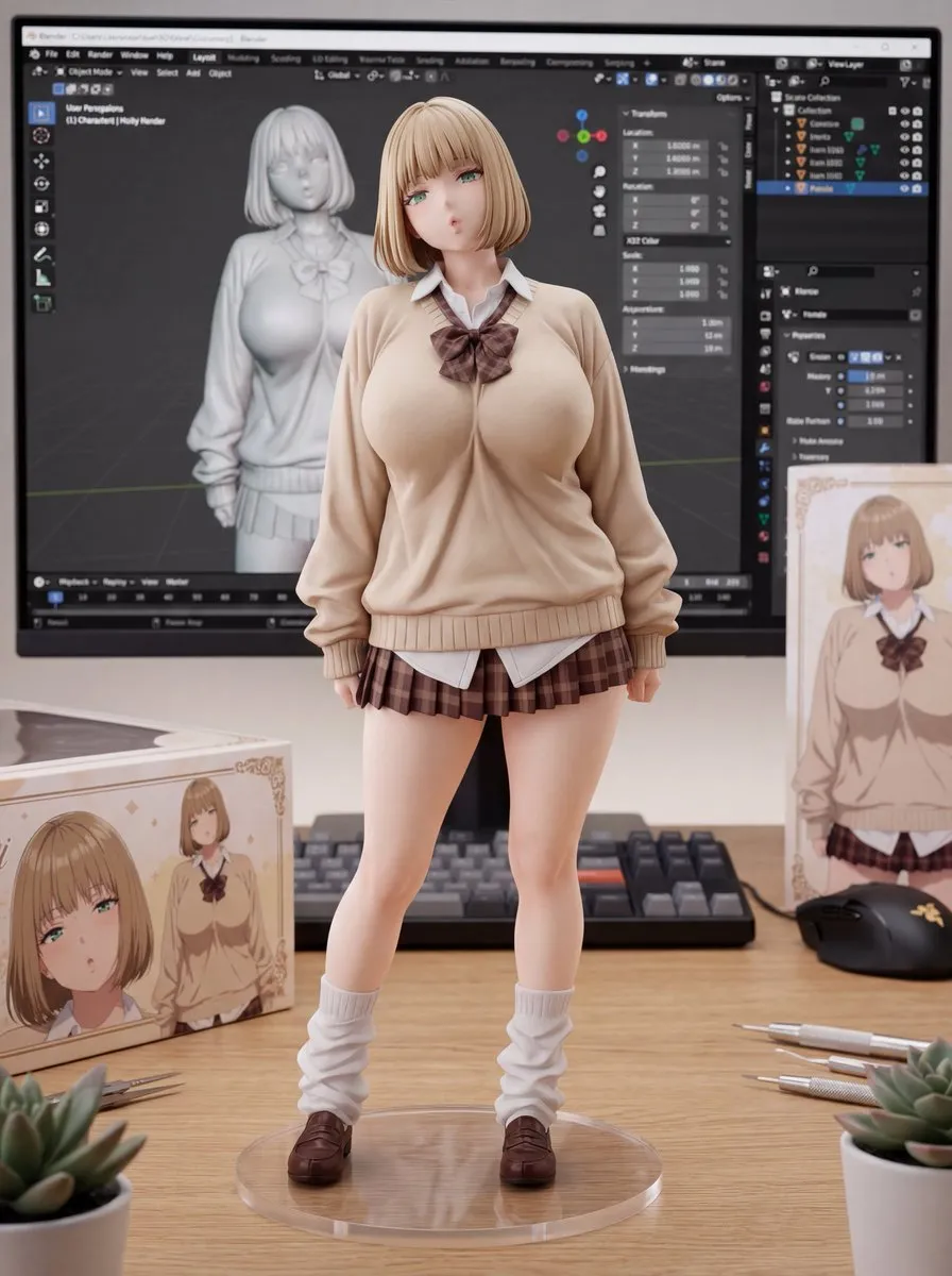 Коллекционная фигурка из ПВХ стоит у монитора с каркасной 3D-моделью. · пример 3