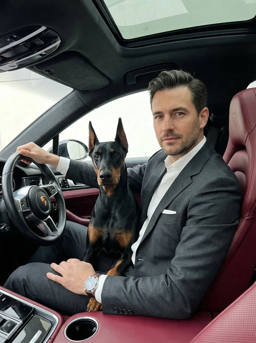 Пример промпта для портрета мужчины и добермана в салоне Porsche.