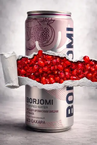 Серебристо-розовая банка Borjomi показана с горизонтальным разрезом, внутри которого видны красные зёрна граната.