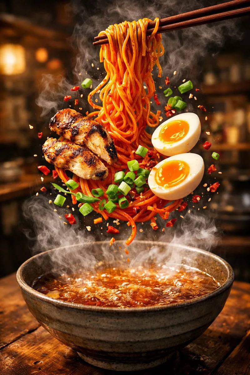 Палочки поднимают лапшу над миской острого рамена с курицей и яйцом. · пример 2