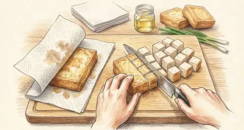 Инструкция в иллюстрированном стиле: промокнуть масло с тофу и нарезать его.