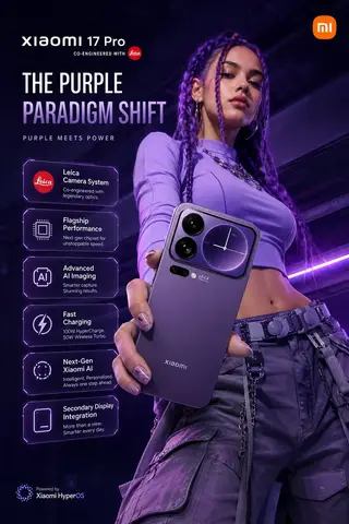 Промпт для футуристичной рекламы Xiaomi 17 Pro с моделью и голографическими панелями.
