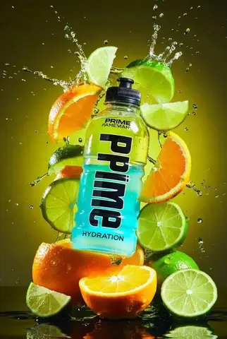 Пример промпта для рекламной фотографии бутылки Prime Hydration среди цитрусов.