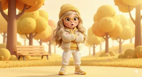 Промпт для 3D-иллюстрации весёлой девочки в жёлтом наряде.