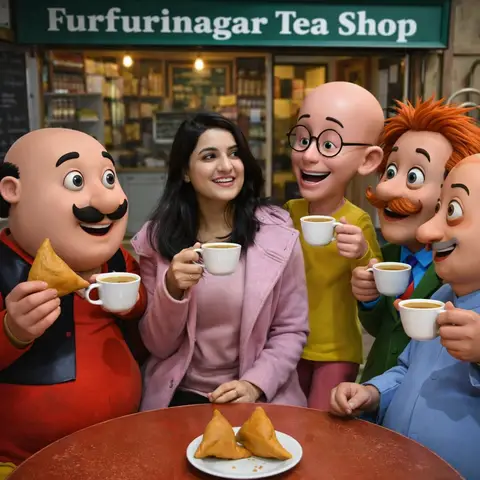 Пример промпта для сцены с героями Motu и Patlu в чайной лавке.