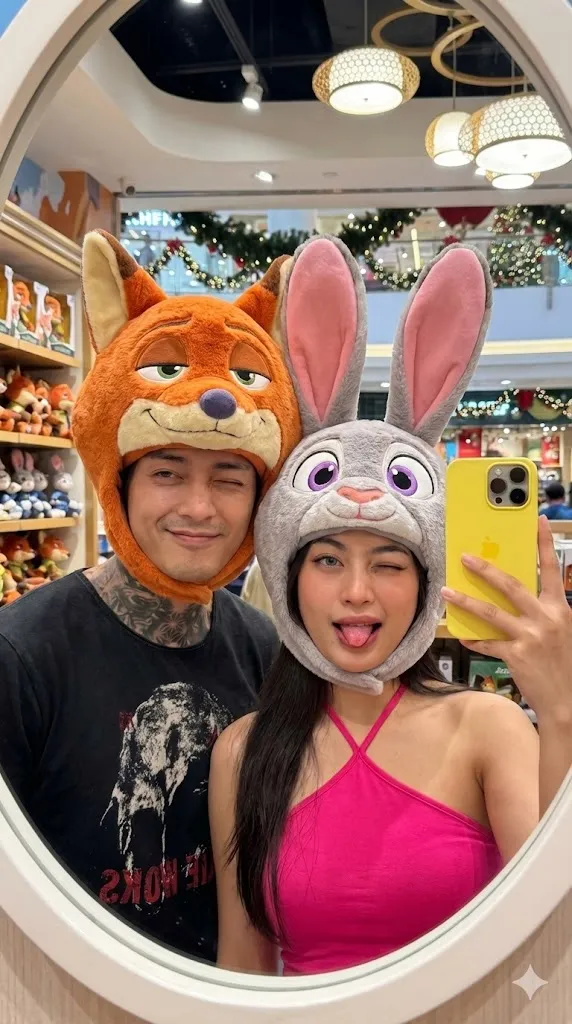 Мужчина и женщина фотографируются в овальном зеркале магазина Disney в шапках Nick Wilde и Judy Hopps. · пример 3