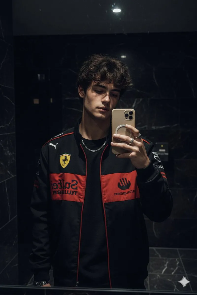 Пример промпта для селфи в тёмной ванной в куртке Ferrari.