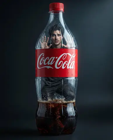 Пример сюрреалистичной сцены с человеком внутри прозрачной бутылки Coca-Cola.