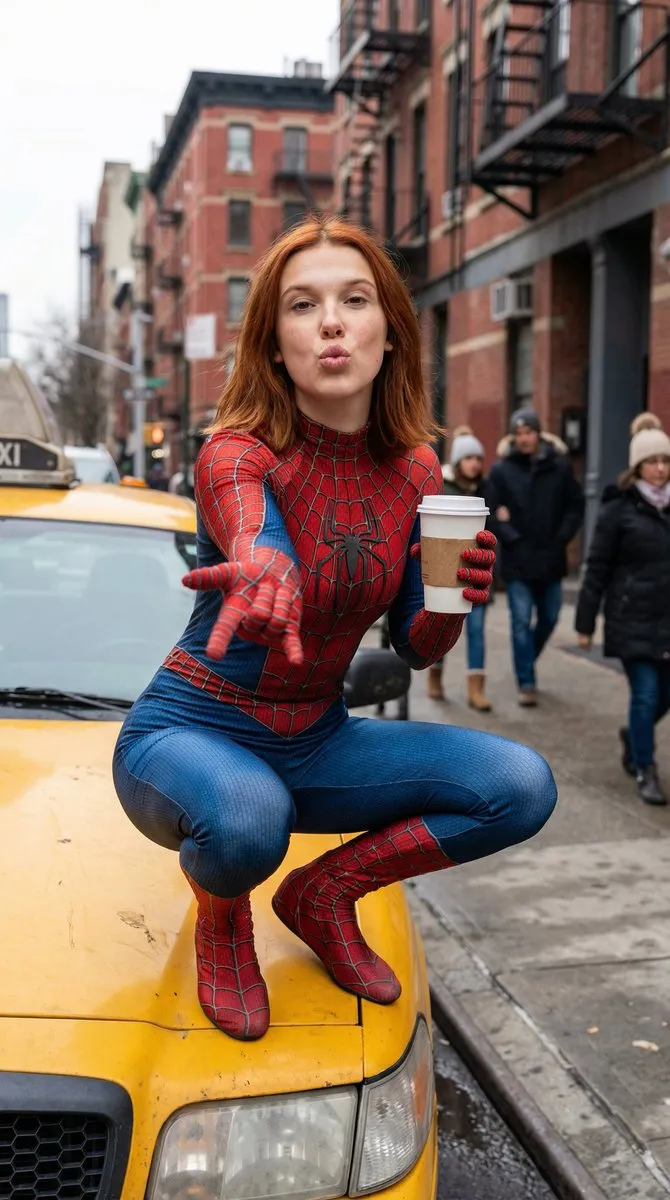 Рыжеволосая девушка в красно-синем костюме Spider-Man стоит на улице Нью-Йорка с кофе и показывает знак мира. · пример 2