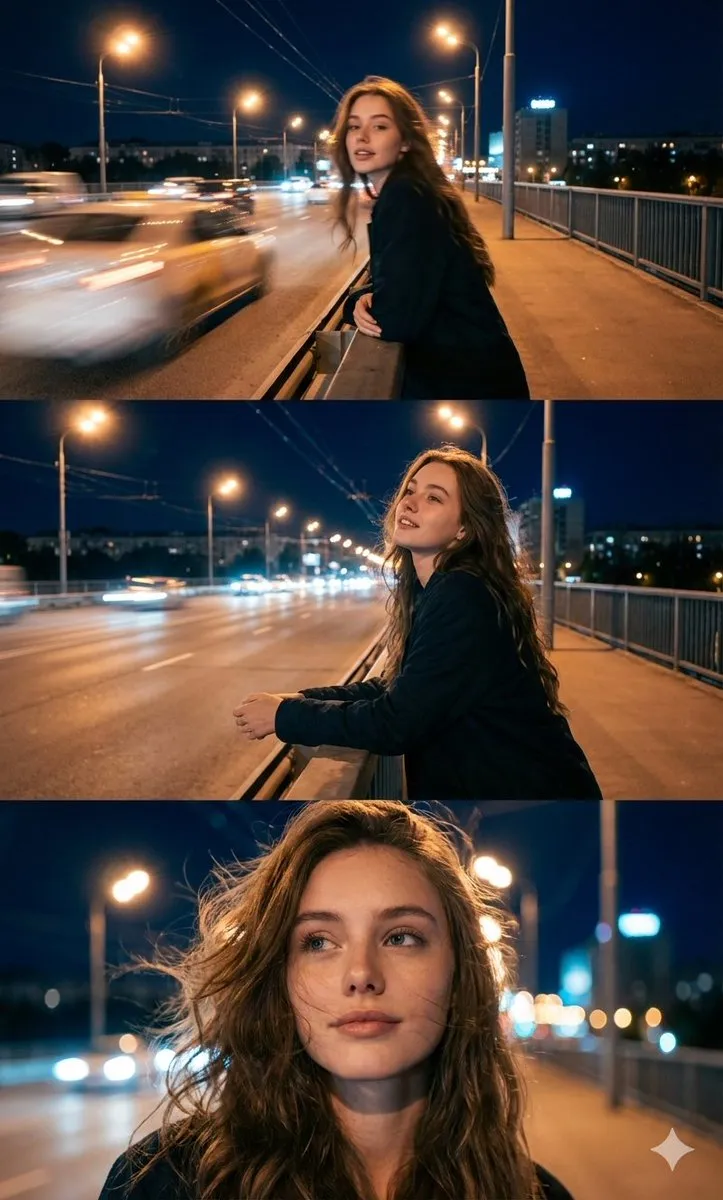 Триптих из трёх ночных сцен: человек стоит на мосту, опирается на перила и затем снят крупным планом на фоне городских огней.