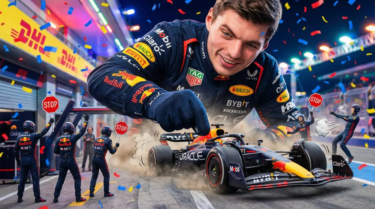 Гигантский Макс Ферстаппен трогает маленькую машину Red Bull, механики разбегаются. · пример 3