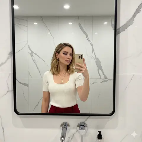 Sydney Sweeney фотографирует себя в зеркале современной ванной; на ней светлый топ и красные брюки.
