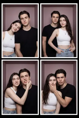 Пара позирует в четырёх кадрах фотобудки на приглушённом лиловом фоне.