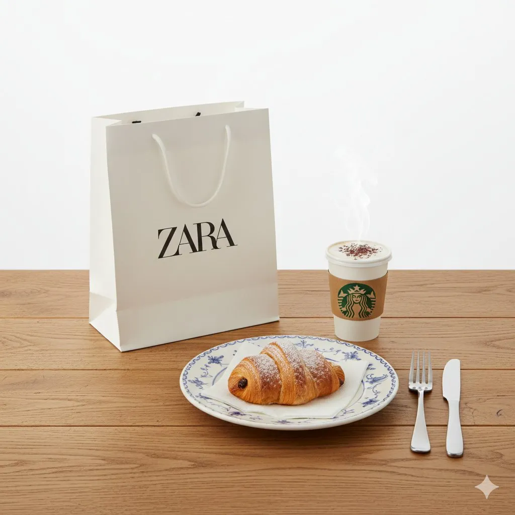Студийный натюрморт с кофе Starbucks, круассаном и пакетом ZARA на дубовом столе. · пример 1