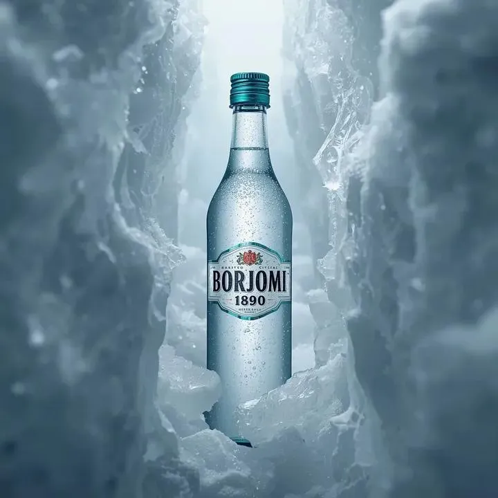 Промпт для предметной фотографии бутылки Borjomi в окружении льда и снега. · пример 4