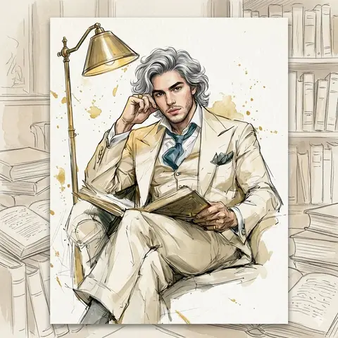 Пример сидящего мужчины с книгой в библиотеке, нарисованного тушью и акварелью.