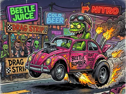 Зелёный монстр в гоночном шлеме управляет розовым Volkswagen Beetle с пламенем на неоновой дрэг-стрип трассе.