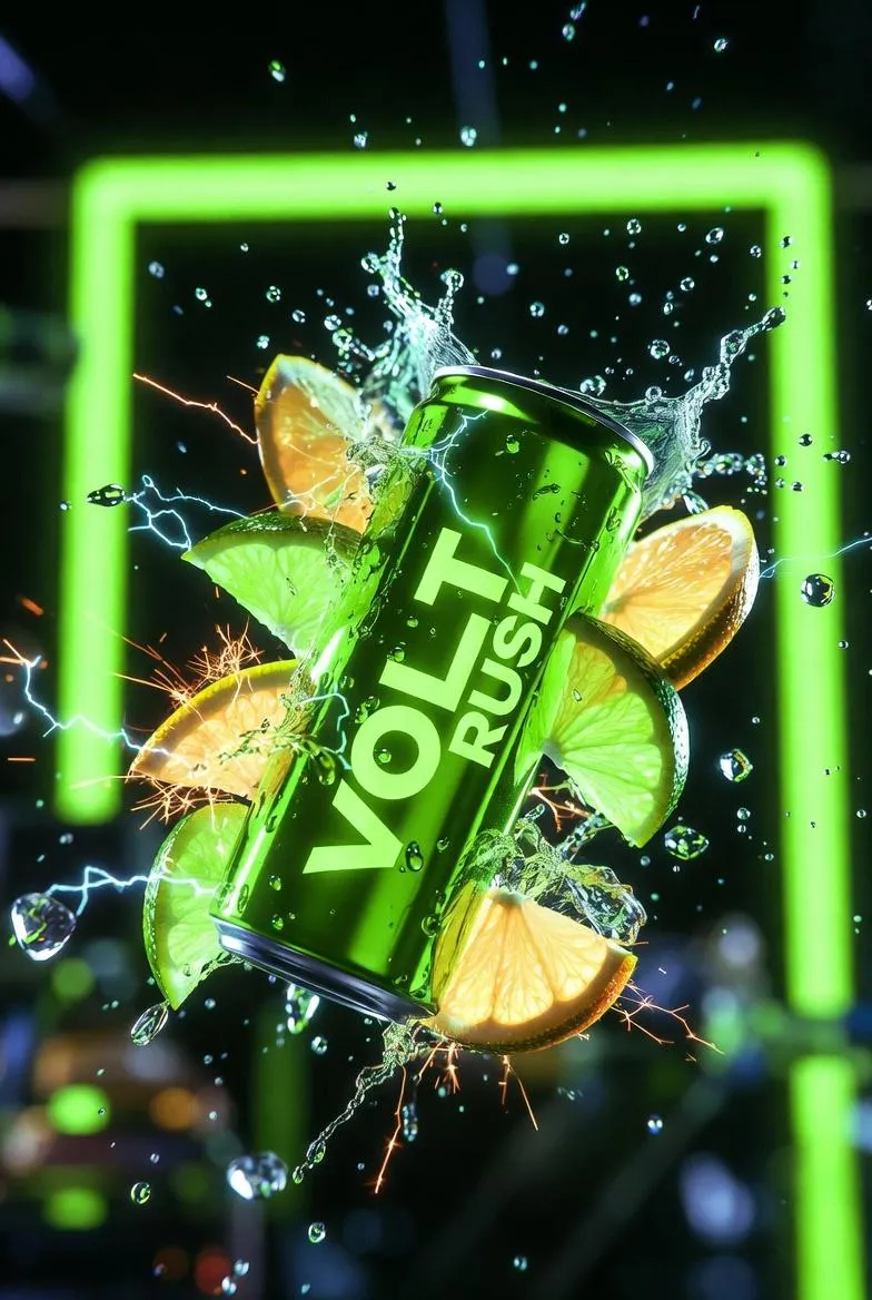 Банка энергетика VOLT RUSH под углом прорывается сквозь лаймовые дольки и ледяные брызги. · пример 2