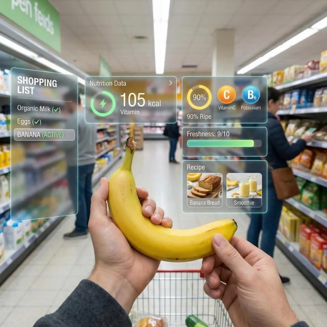 Бутылка Fanta в супермаркете окружена голографическим AR-интерфейсом. · пример 3