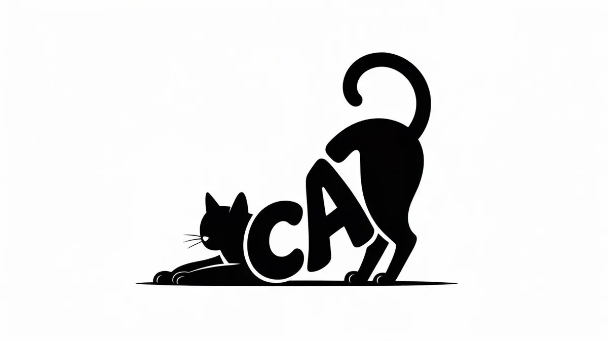 Слово CAT изогнуто в силуэт потягивающейся кошки на белом фоне. · пример 3