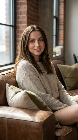 Ana de Armas в мягком свитере сидит на кожаном диване в гостиной в стиле лофт.