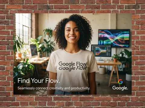Промпт для рекламного постера Google Flow с улыбающейся женщиной в футболке с надписью Google Flow.
