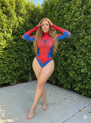 Женщина с волосами медового блонда в костюме Spider-Man стоит на фоне зелёной изгороди.