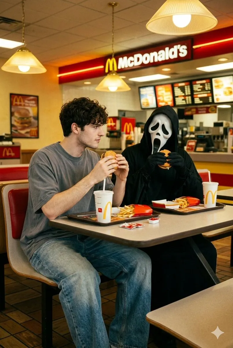 Промпт описывает мужчину с референсного фото и Ghostface за гамбургерами в ресторане McDonald's в стиле 90-х. · пример 2