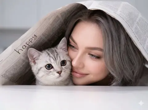 Пример из источника для тёплого портрета женщины и котёнка под листом бумаги.