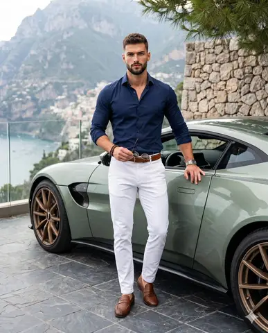 Промпт для коммерческого портрета мужчины рядом с Aston Martin Vantage.
