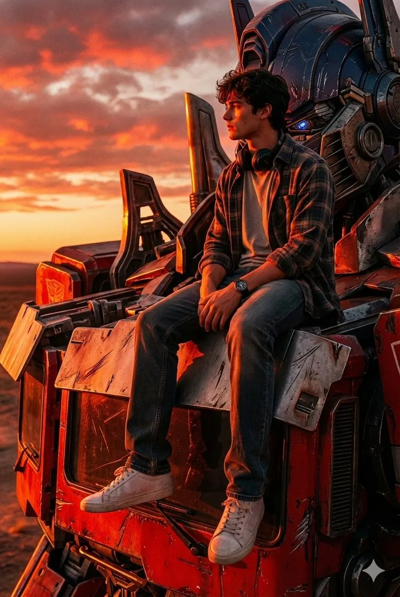Человек сидит на плече Optimus Prime на фоне пылающего закатного неба