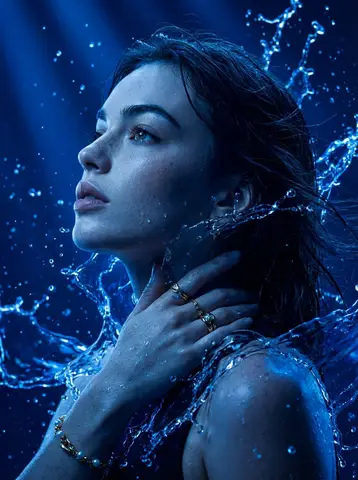 Пример промпта для профильного портрета с синим светом и брызгами воды.